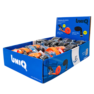UNIQ présentoir de sangles d’arrimage orange à cliquet et noires à boucle